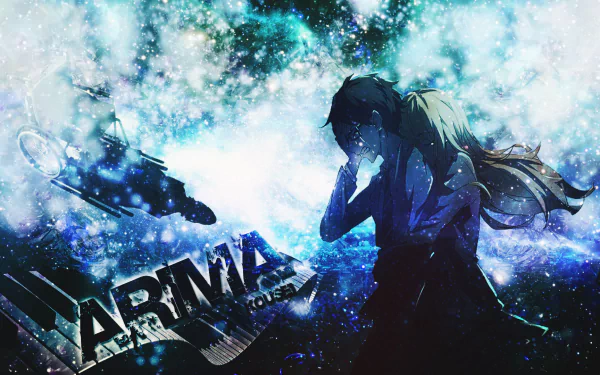 HD desktop wallpaper featuring Kaori Miyazono from the anime Your Lie in April. The background shows a cosmic, starry sky with intricate details, and the word ARIMA is prominently displayed.