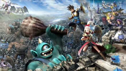 An HD desktop wallpaper featuring characters from Dragon Quest Heroes in an epic battle scene, showcasing vibrant colors and dynamic action against a fantasy backdrop.