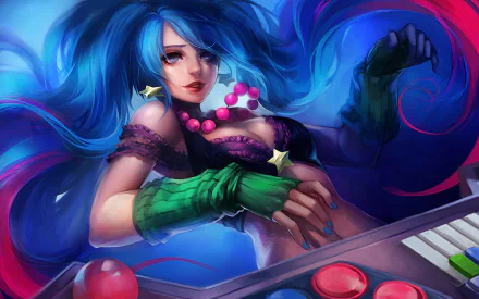 HD PC desktop wallpaper featuring Sona from the video game League of Legends, showcasing her vibrant blue hair and musical theme in dynamic anime-style art.