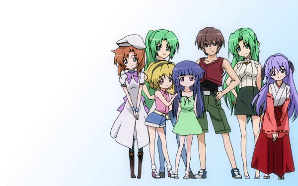 HD anime wallpaper featuring characters Rena Ryūgū, Hōjō Satoko, Furude Rika, Furude Hanyū, Sonozaki Mion, Sonozaki Shion, and Maebara Keiichi from Higurashi When They Cry.