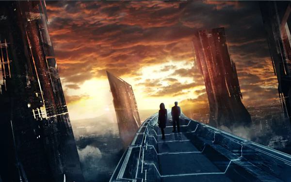 HD PC desktop wallpaper from the movie Cloud Atlas, featuring two figures walking on a futuristic pathway amid towering structures under a dramatic sunset sky.