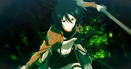 A dynamic HD wallpaper featuring Mikasa Ackerman from the anime Attack on Titan, showcasing her in action against a vibrant green background.