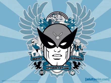 HD PC desktop wallpaper featuring the iconic masked face and emblem from the TV show Harvey Birdman: Attorney at Law with a stylized blue background.