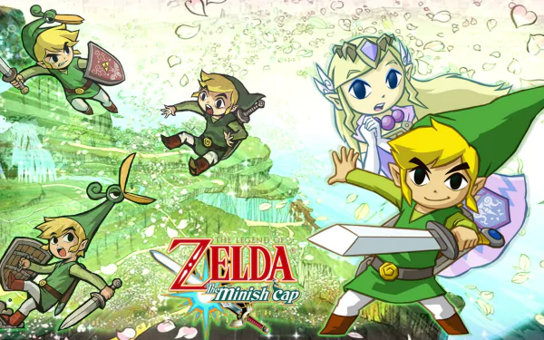 HD PC desktop wallpaper featuring Princess Zelda and Link from the video game The Legend of Zelda: The Minish Cap in vibrant, dynamic poses.