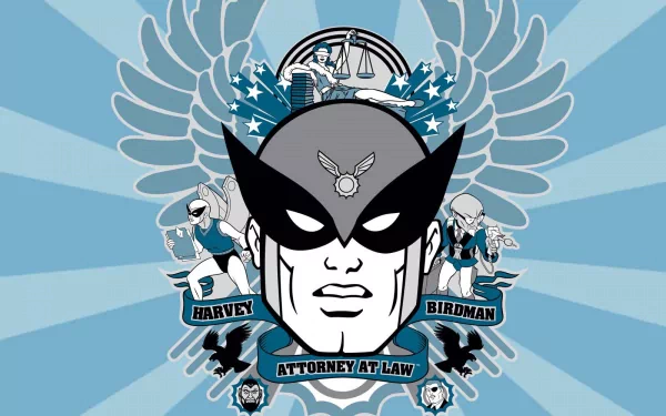 HD PC desktop wallpaper featuring the iconic masked face and emblem from the TV show Harvey Birdman: Attorney at Law with a stylized blue background.