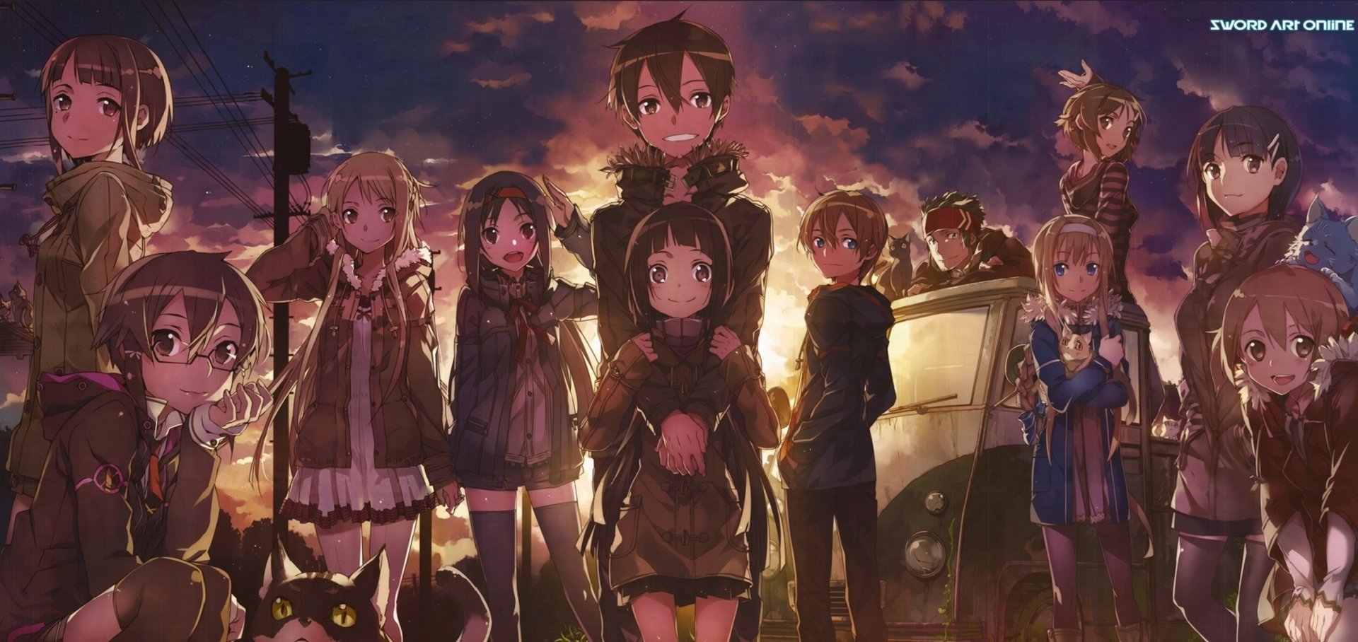 HD desktop wallpaper featuring Sinon, Asuna Yuuki, Yuuki Konno, Yui, Kirito, Klein, Alice Zuberg, Lisbeth, Suguha Kirigaya, and Silica from Sword Art Online II. The characters are standing together at sunset.