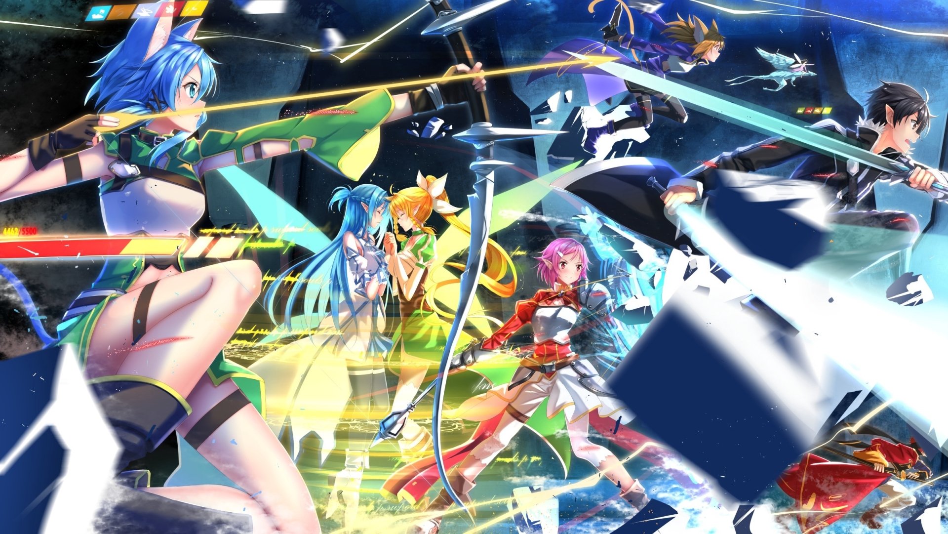 A dynamic HD wallpaper featuring Sinon, Suguha Kirigaya, Asuna Yuuki, Lisbeth, Kirito, Silica, and Klein from Sword Art Online II, engaged in an epic battle scene.