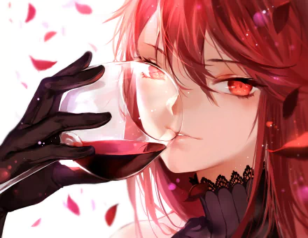 Anime-style HD PC desktop wallpaper from Pixiv Fantasia T featuring a red-haired character with striking red eyes sipping red wine.