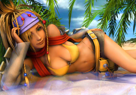 HD wallpaper featuring Rikku from Final Fantasy X-2, lounging on a beach surrounded by palm leaves, showcasing her vibrant outfit and playful expression.