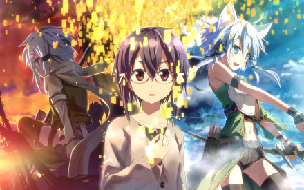 HD desktop wallpaper featuring Sinon from Sword Art Online II, showcasing three distinctive poses in an anime-style artwork.