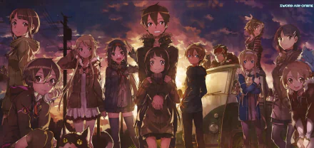 HD desktop wallpaper featuring Sinon, Asuna Yuuki, Yuuki Konno, Yui, Kirito, Klein, Alice Zuberg, Lisbeth, Suguha Kirigaya, and Silica from Sword Art Online II. The characters are standing together at sunset.