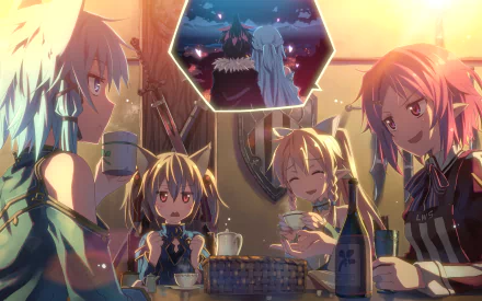 HD desktop wallpaper of Sword Art Online II featuring Asuna Yuuki, Kirito, Lisbeth, Suguha Kirigaya, Silica, and Sinon. The characters are gathered around a table, enjoying a pleasant moment together.
