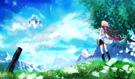 A vibrant HD desktop wallpaper featuring Inori Yuzuriha from Guilty Crown, standing in a grassy landscape under a bright blue sky with distant mountains and a floating structure.