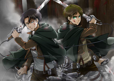 HD desktop wallpaper featuring Levi Ackerman and Eren Yeager from the anime Attack on Titan, both in combat-ready stances with swords drawn, set against a misty, intense background.