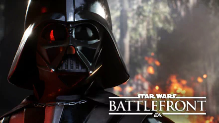 HD desktop wallpaper of Darth Vader from Star Wars Battlefront (2015) with game logo and a fiery background.