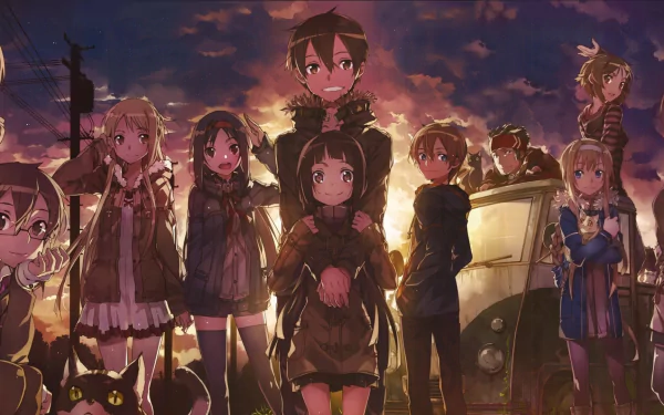 HD desktop wallpaper featuring Sinon, Asuna Yuuki, Yuuki Konno, Yui, Kirito, Klein, Alice Zuberg, Lisbeth, Suguha Kirigaya, and Silica from Sword Art Online II. The characters are standing together at sunset.