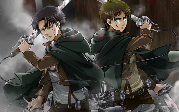 HD desktop wallpaper featuring Levi Ackerman and Eren Yeager from the anime Attack on Titan, both in combat-ready stances with swords drawn, set against a misty, intense background.