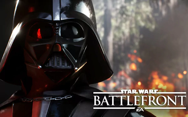 HD desktop wallpaper of Darth Vader from Star Wars Battlefront (2015) with game logo and a fiery background.