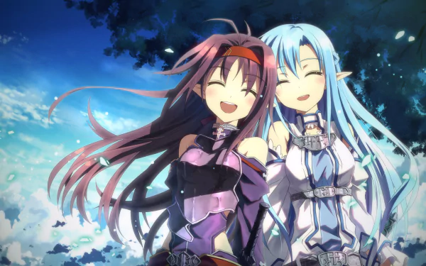 Anime HD wallpaper featuring Yuuki Konno and Asuna Yuuki from Sword Art Online II, smiling together under a clear blue sky.