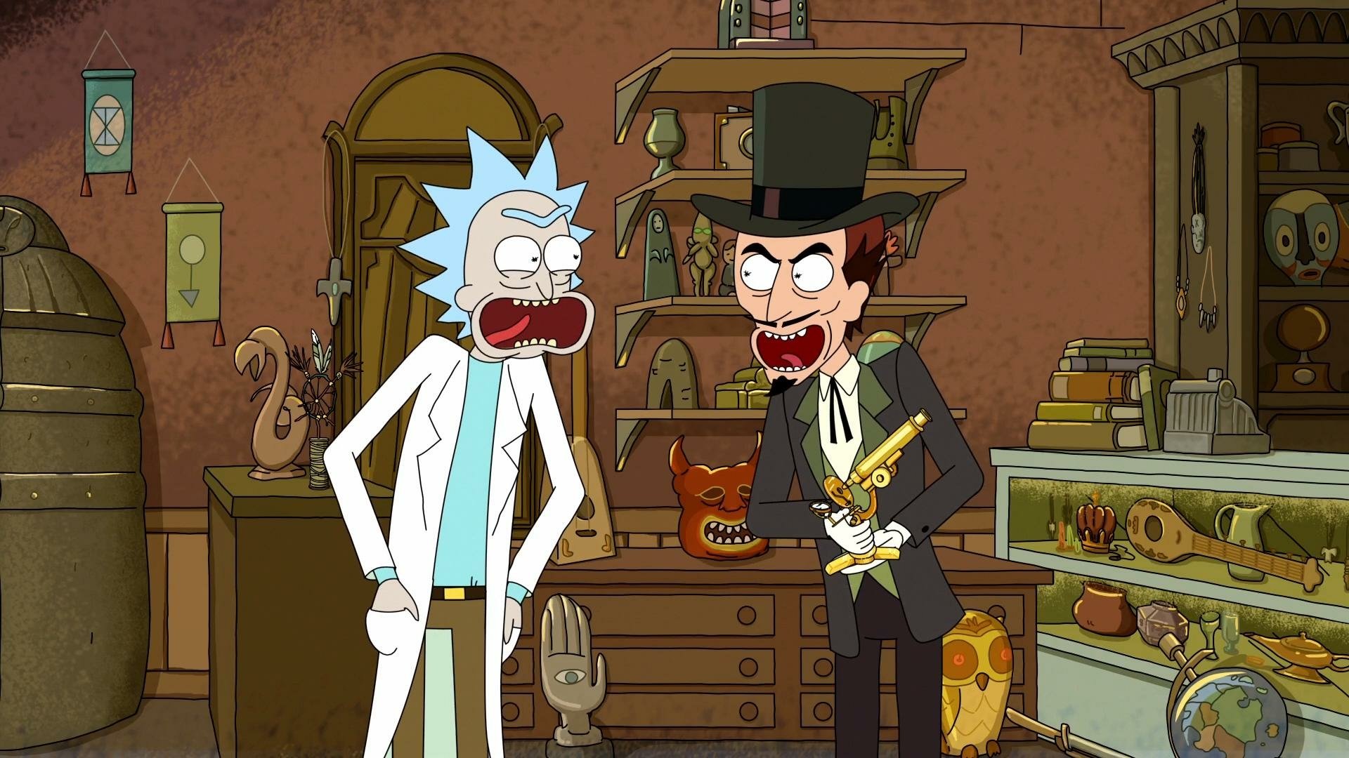 HD desktop wallpaper featuring Rick Sanchez and Lucius Needful from the TV show Rick and Morty in an eerie, artifact-filled room.