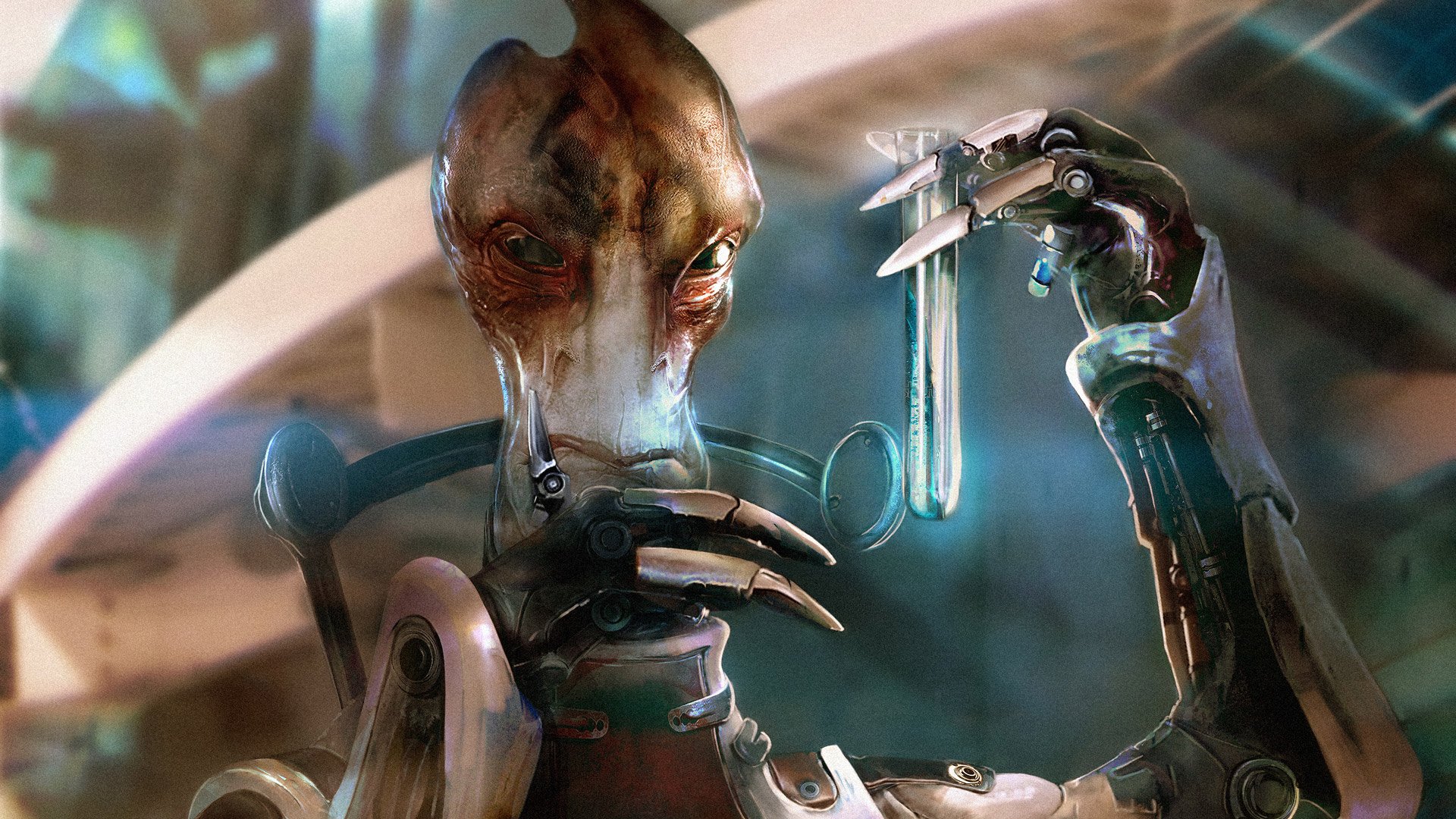 Mordin Solus from Mass Effect examines a test tube in this high-definition PC desktop wallpaper, showcasing the character's unique design and the game's vibrant sci-fi aesthetic.