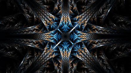 HD PC desktop wallpaper featuring an abstract fractal design with intricate blue and orange patterns radiating from the center against a dark background.