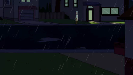 HD desktop wallpaper featuring Rick Sanchez from the TV show Rick and Morty standing outside a lit house at night in the rain.