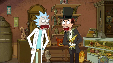 HD desktop wallpaper featuring Rick Sanchez and Lucius Needful from the TV show Rick and Morty in an eerie, artifact-filled room.