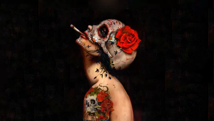A striking artistic representation of a sugar skull, adorned with a red rose and intricate details, set against a dark background, serving as an HD desktop wallpaper.