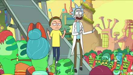 HD desktop wallpaper featuring Rick Sanchez and Morty Smith from the TV show Rick and Morty, standing among green alien characters, including Zeep Xanflorp, in a colorful and futuristic setting.