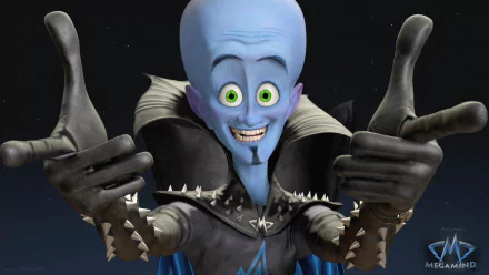 HD PC desktop wallpaper featuring Megamind, the blue-skinned animated character from the movie MegaMind, striking a confident pose against a dark background.