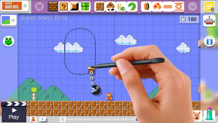 HD desktop wallpaper of Super Mario Maker gameplay showing a hand editing a level with classic Super Mario elements.