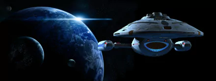 HD Star Trek sci-fi desktop wallpaper featuring a starship orbiting a blue planet with a bright star in the background.