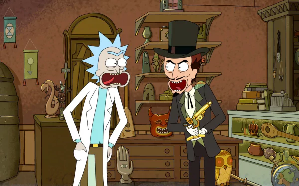 HD desktop wallpaper featuring Rick Sanchez and Lucius Needful from the TV show Rick and Morty in an eerie, artifact-filled room.