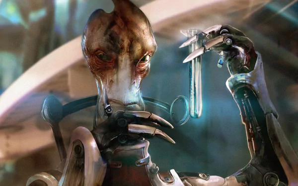Mordin Solus from Mass Effect examines a test tube in this high-definition PC desktop wallpaper, showcasing the character's unique design and the game's vibrant sci-fi aesthetic.