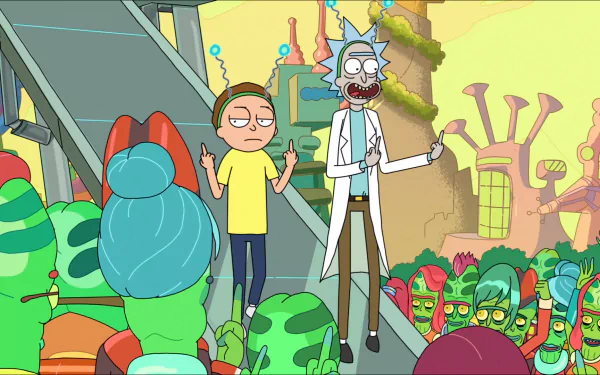 HD desktop wallpaper featuring Rick Sanchez and Morty Smith from the TV show Rick and Morty, standing among green alien characters, including Zeep Xanflorp, in a colorful and futuristic setting.
