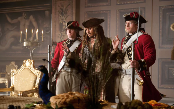 A scene from Pirates of the Caribbean: On Stranger Tides featuring Jack Sparrow, portrayed by Johnny Depp, flanked by two soldiers in a lavish dining setting.