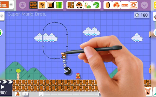 HD desktop wallpaper of Super Mario Maker gameplay showing a hand editing a level with classic Super Mario elements.