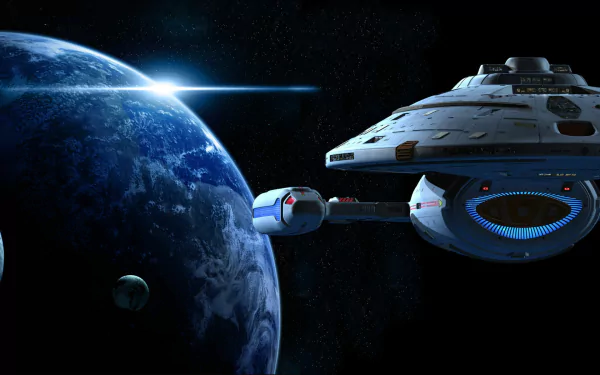 HD Star Trek sci-fi desktop wallpaper featuring a starship orbiting a blue planet with a bright star in the background.