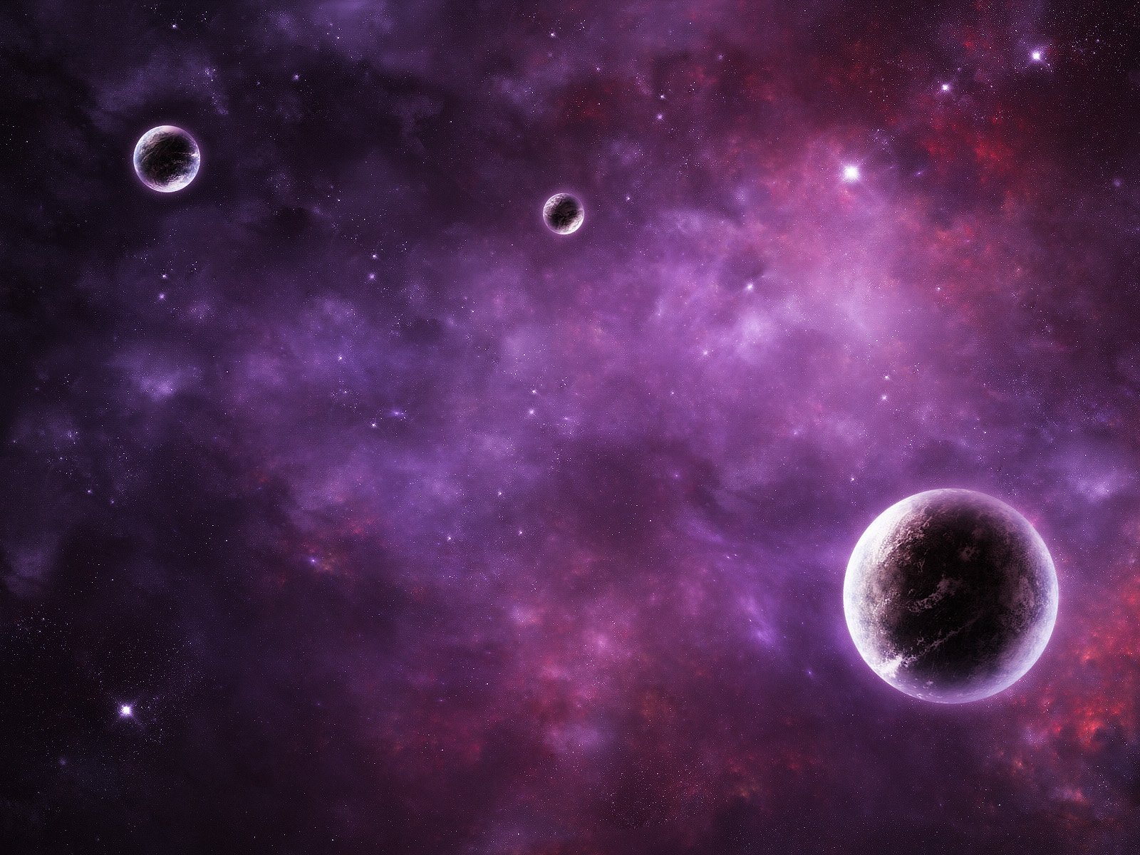 HD PC desktop wallpaper featuring a sci-fi space scene with multiple planets against a vibrant purple nebula background.
