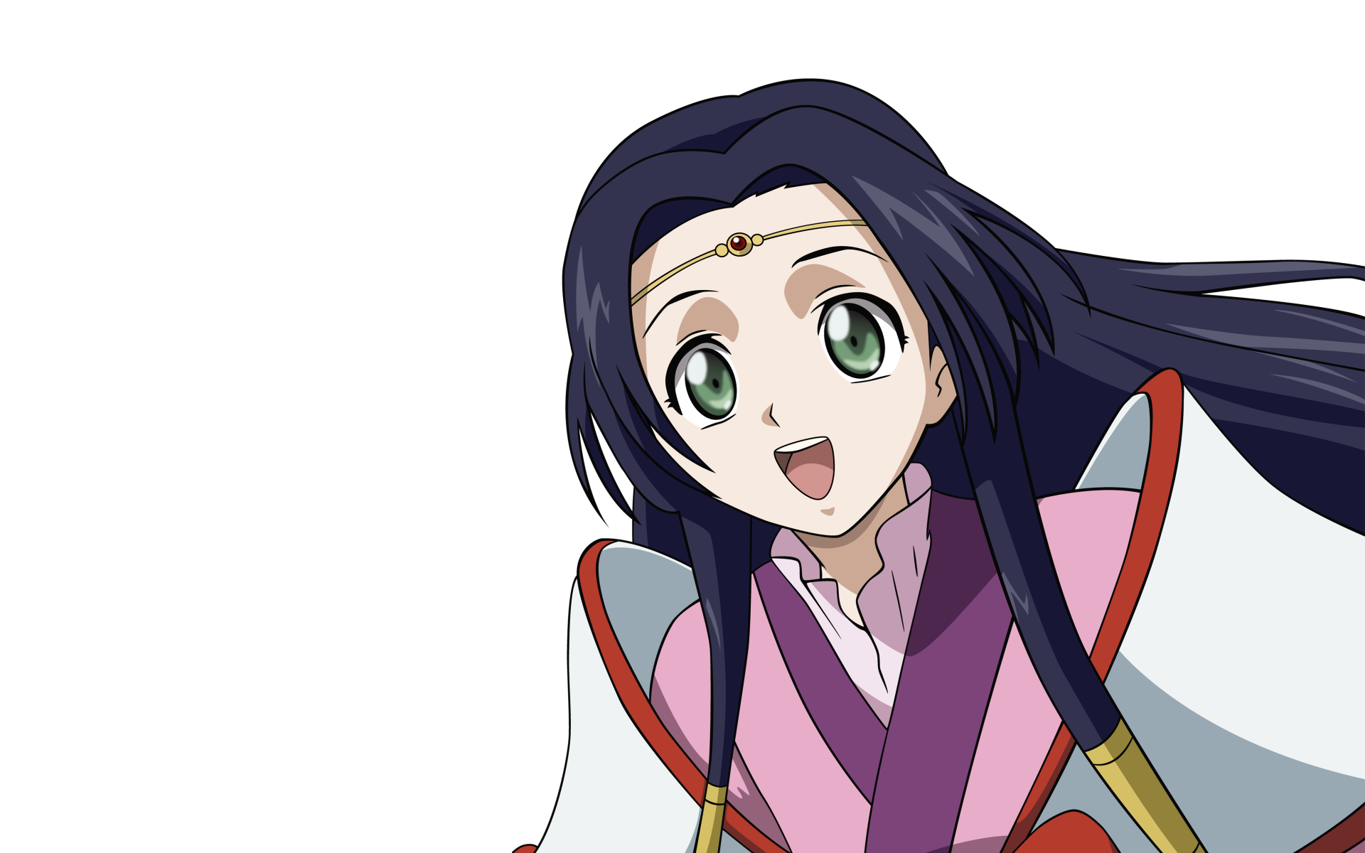 Kaguya Sumeragi from Code Geass, smiling with long dark hair and green eyes in vibrant anime style — 4K Ultra HD PC desktop wallpaper and background.