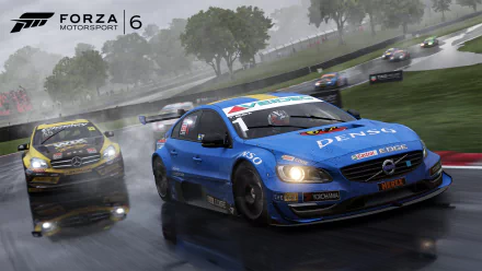 HD PC desktop wallpaper featuring intense wet-weather racing from Forza Motorsport 6, showcasing detailed race cars in action on a rain-soaked track.