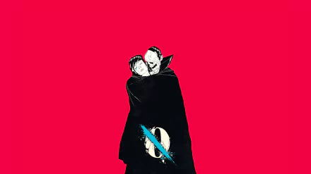 HD desktop wallpaper featuring a minimalist, stylized image of Queens of the Stone Age members against a bold red background.