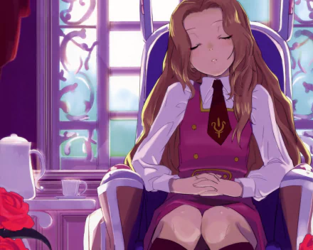 Nunnally Lamperouge (Code Geass) sleeping in a purple armchair, hands folded, tea set and sunlit window behind her — anime 2K Quad HD PC desktop wallpaper/background.