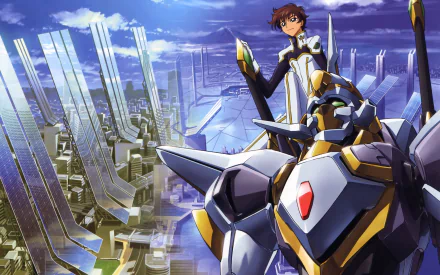 Suzaku Kururugi from Code Geass stands confidently atop a futuristic mecha against a sprawling cityscape under a vibrant blue sky in this 4K Ultra HD anime wallpaper.