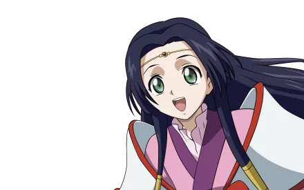 Kaguya Sumeragi from Code Geass, smiling with long dark hair and green eyes in vibrant anime style — 4K Ultra HD PC desktop wallpaper and background.