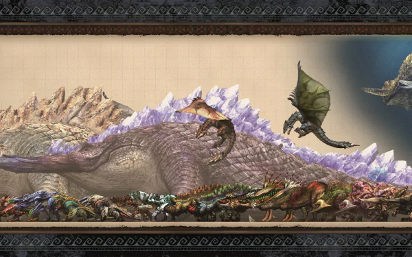 A dynamic HD wallpaper featuring an epic scene from Monster Hunter, showcasing a variety of formidable monsters amidst a vibrant landscape of battles.