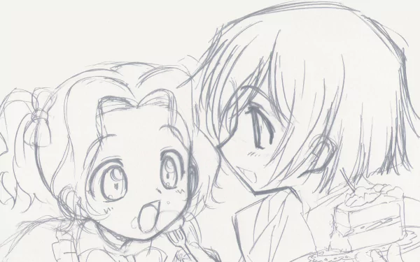 Sketch-style HD anime wallpaper featuring Nunnally and Lelouch Lamperouge from Code Geass, capturing their close sibling bond in a soft, detailed pencil drawing.