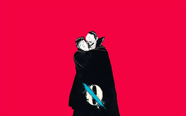 HD desktop wallpaper featuring a minimalist, stylized image of Queens of the Stone Age members against a bold red background.