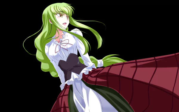 C.C. from Code Geass with flowing green hair and white dress, depicted in a detailed 4K Ultra HD anime-style PC desktop wallpaper.